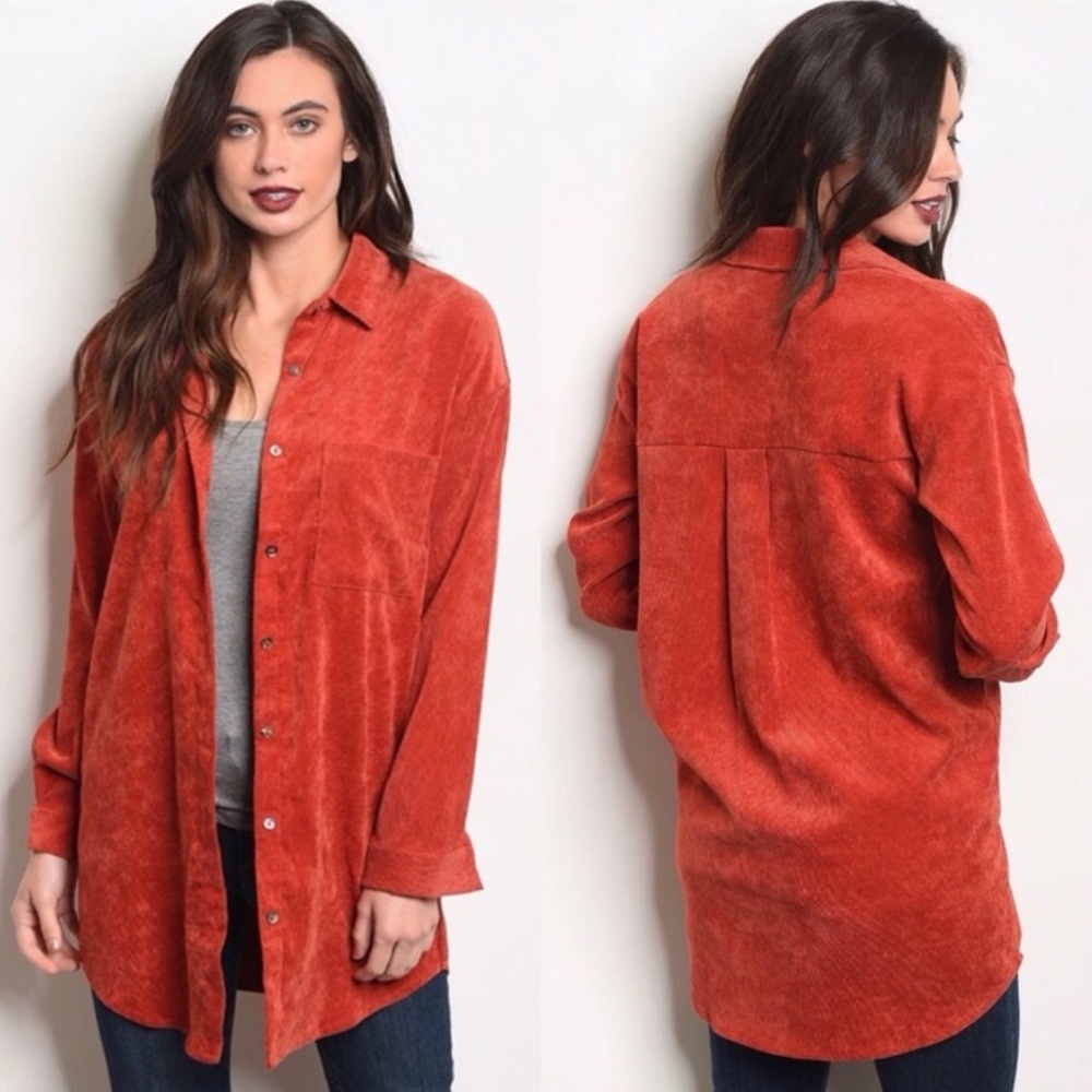 Long Sleeve Button Up Rusty Red Collar